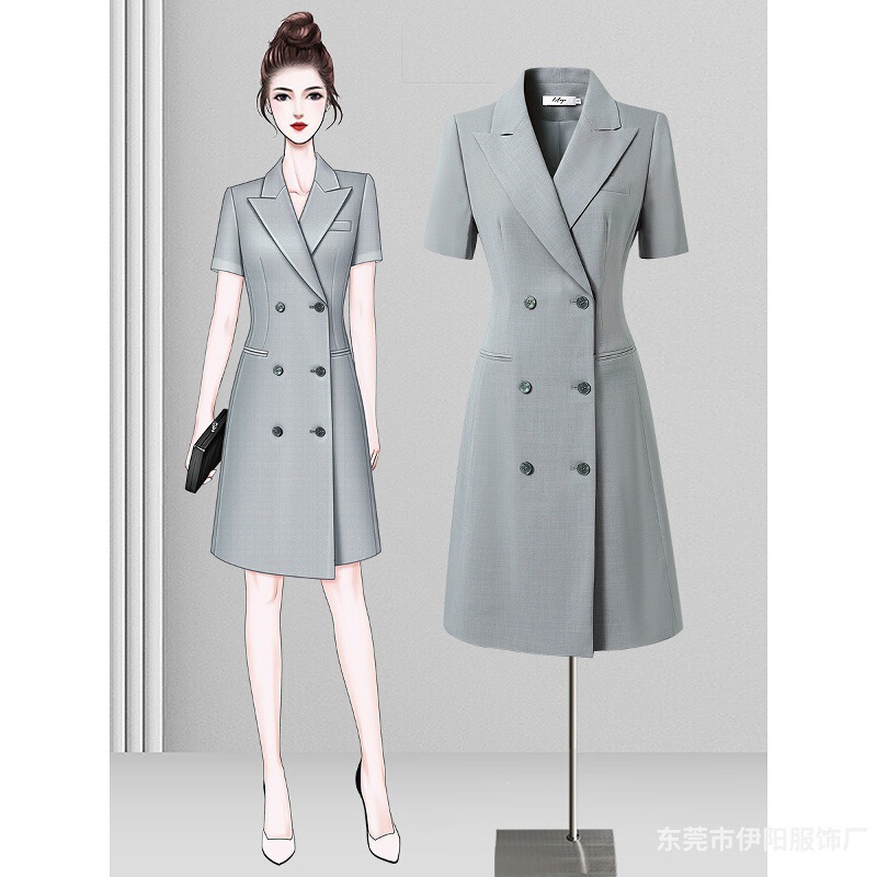 Professional Dress for Women in Summer, High-End Gray Short-Sleeved Suit Dress for Formal Occasions, Workplace Commuting, and Elegant Formal Wear