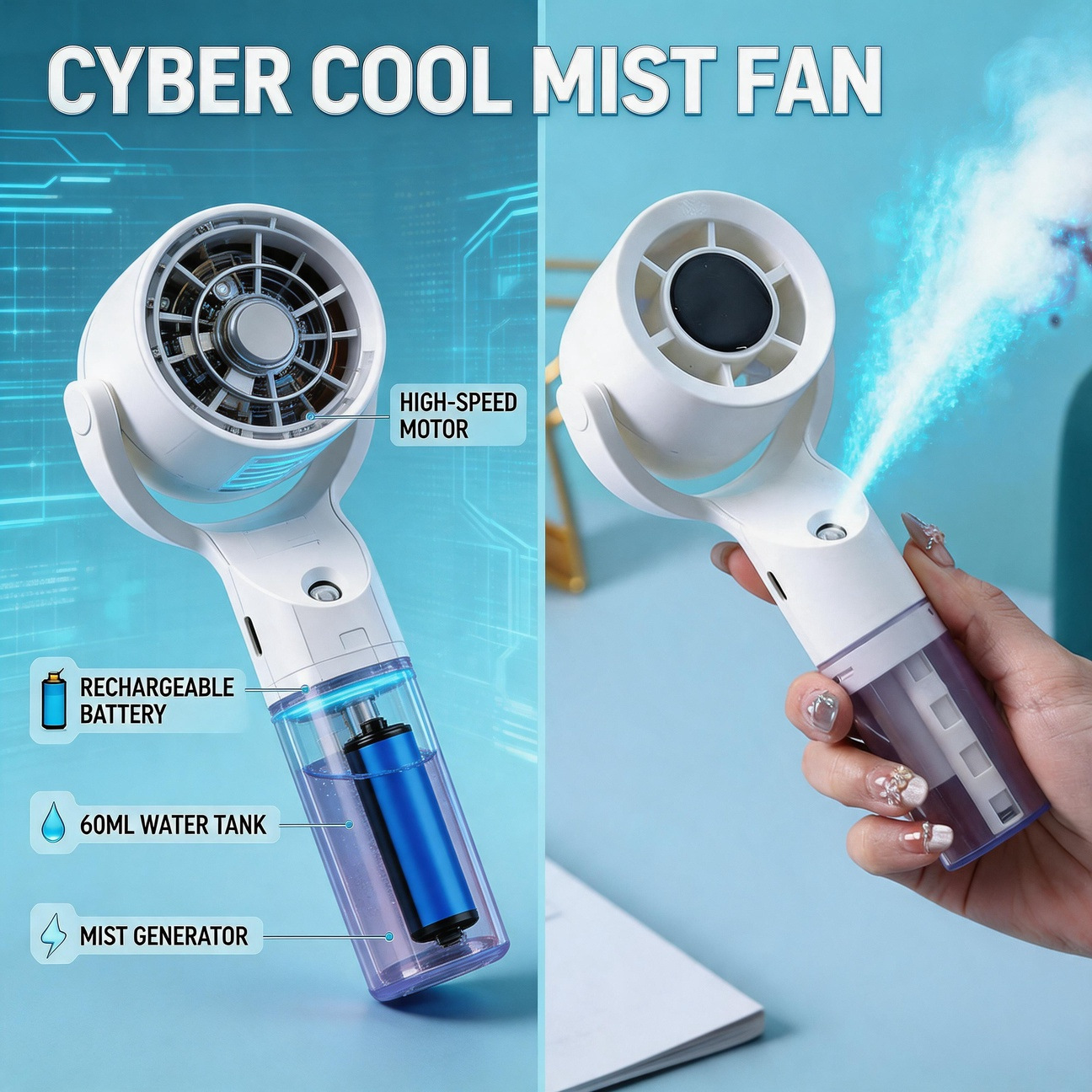 Mini Spray Fan with Built-In Battery, USB Fan, Portable Handheld Humidifying Spray for Students