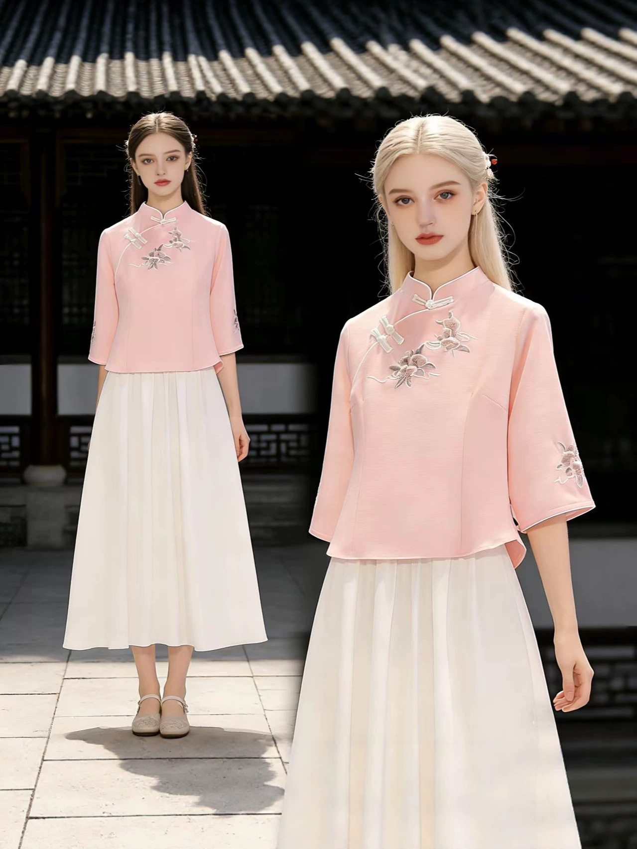 Retro Republic of China style Chinese jacket seven sleeve Tang suit camellia embroidery cheongsam tasse skirt factory batch can be fixed LOGO Retro Republic of China style Chinese jacket seven sleeve Tang suit camellia embroidery cheongsam tasse skirt factory batch can be fixed LOGO