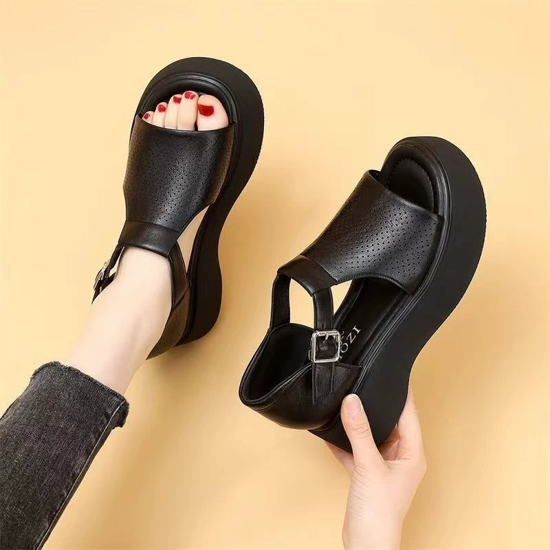 Однотонные простые римские сандалии для женщин, внешняя торговля, трансграничные сандалии на платформе с толстой подошвой, сандалии с рыбьим ртом, новая модная женская обувь с полостями