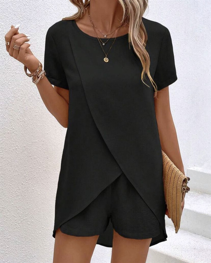 Summer Women's Solid Colour Two-piece Set With Irregular Top_voghion.com