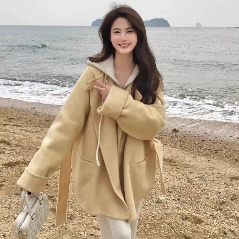 欧美跨境亚马逊斗篷型毛呢外套女冬季新款小个子宽松系带呢子大衣