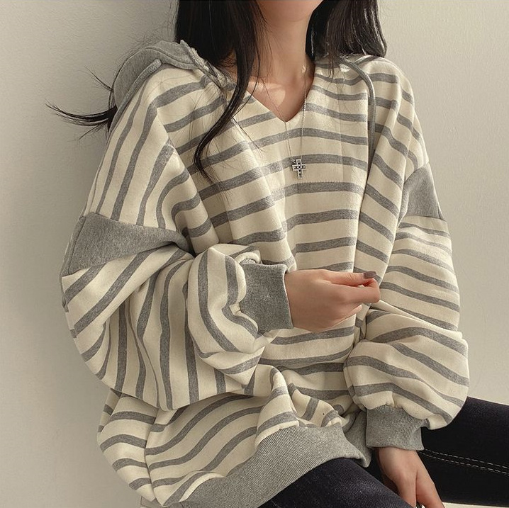 의류 코튼 V 넥 스트라이프 스웨트 셔츠 여성용 후드 느슨한 봄 가을과 겨울 캐주얼 라운드 넥 풀오버 씬 플러스