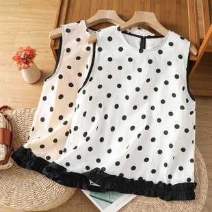 Real Shot of 2025 Summer Cotton and Linen Polka Dot Commuter Simple Round Neck Pullover Sleeveless Shirt for Women
