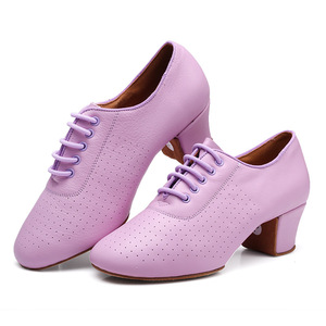 Women's latin Shoes purple soft cowhide adult head layer cowhide soft bottom indoor professional jazz tango waltz Latin dancing shoes