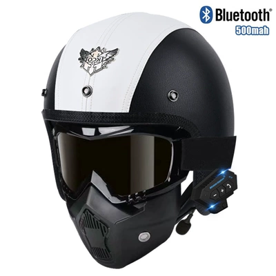 leather helmet electric car riding | Motosiklet kaskı (dəbilqə) - k-black-and-white-mask-bluetooth-s
