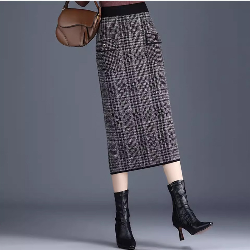 Houndstooth Knitted Skirt One-Step Skirt for Women Autumn and Winter New Mid-Length Hip-Hugging Skirt Plaid High-Waist Slim Skirt