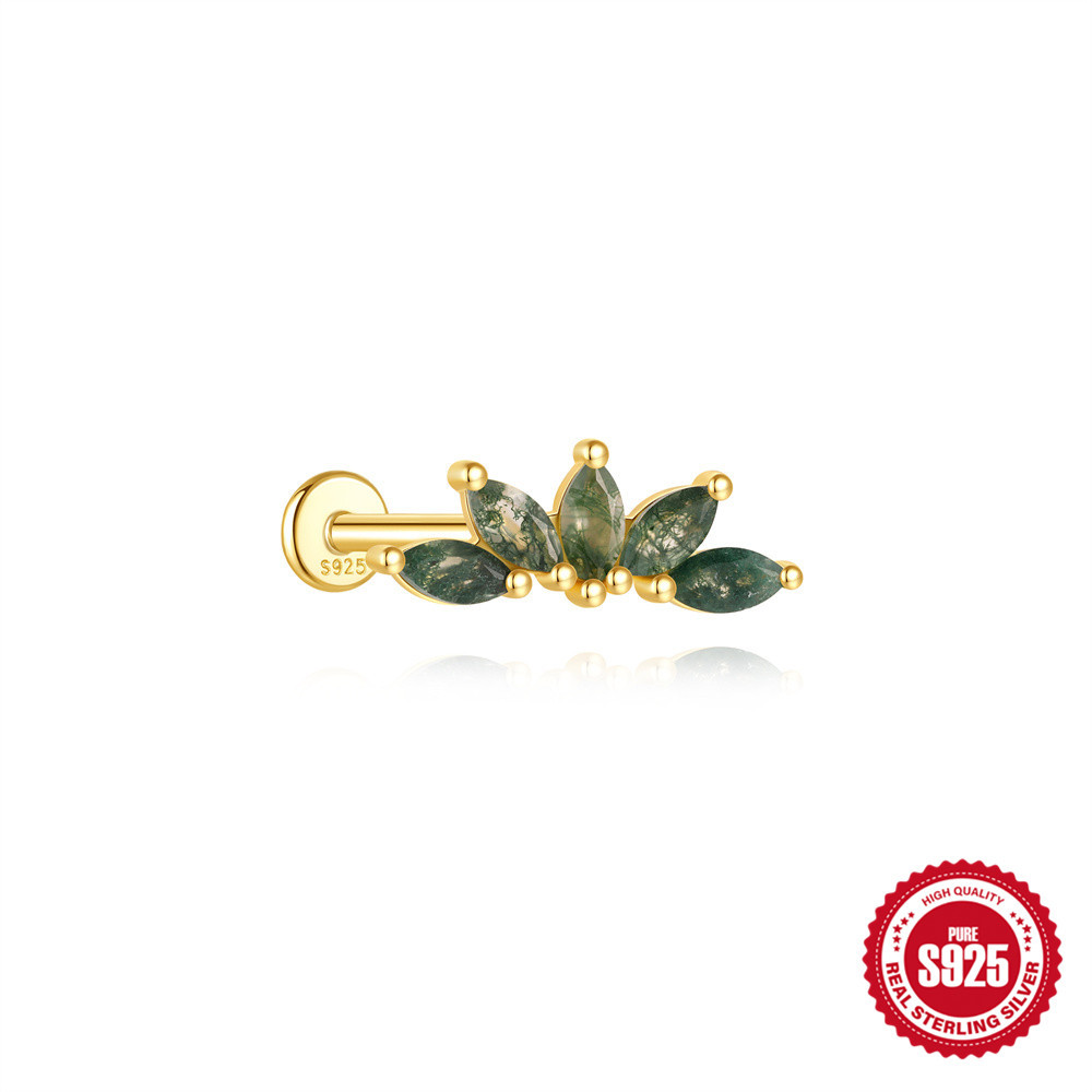 New S925 Sterling Silver Geometric Stitching Natural Moss Aquatic Plants Water Drop Ear Studs