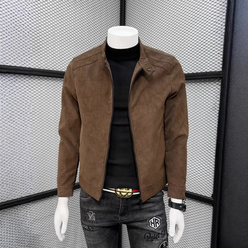 Men's Suede Leather Jacket for Spring, Autumn and Winter Korean Style Slim-fit PU Leather Jacket with Vertical Collar Men's Simple Casual Leather Jacket Men's Trendy