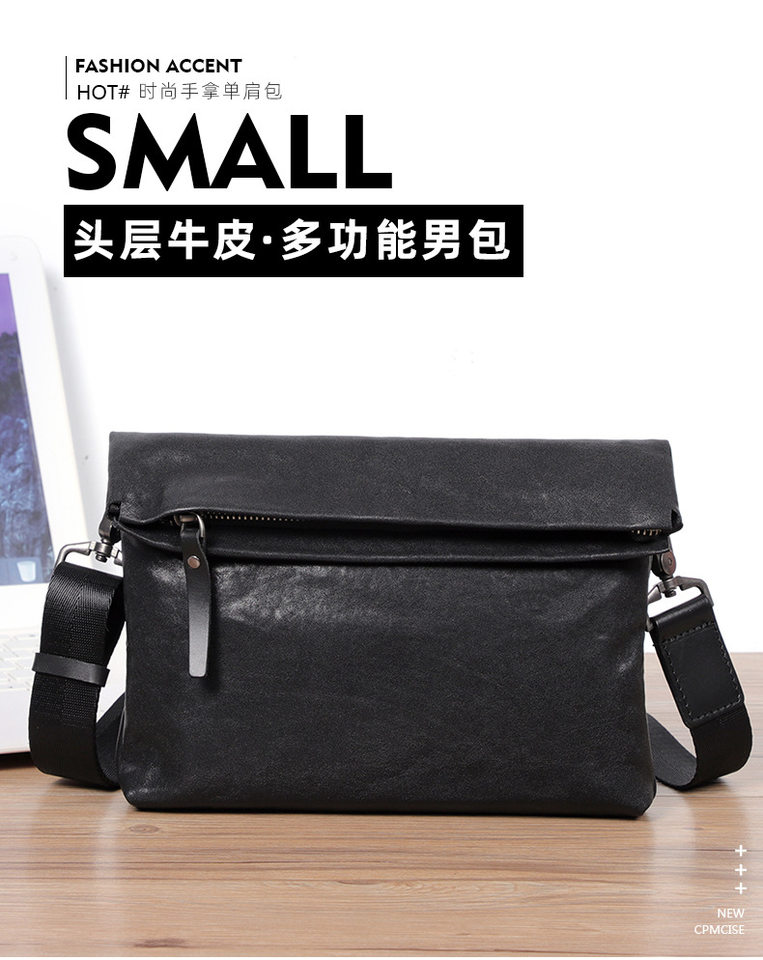 Túi đeo chéo nam da bò thuộc da thật kiểu thể thao, túi cầm tay nhỏ gọn 29×11×17 cm — Màu đen chi tiết 1