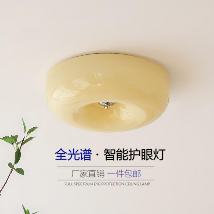 Full Spectrum Eye-Caring Cream Wind Pudding Flush Mount Lamp French Retro Romantic Study Corridor Simple Medieval Glass Lamp