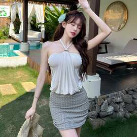 2026年新款挂脖分体泳衣女高级感半身裙气质小胸聚拢温泉度假风