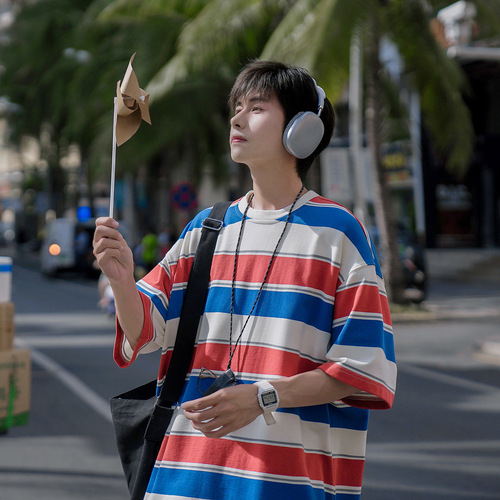 180G Heavyweight Striped T-Shirt for Men | Summer Trendy Brand, Japanese Preppy Style, Loose-Fit Half-Sleeve Tee for Guys