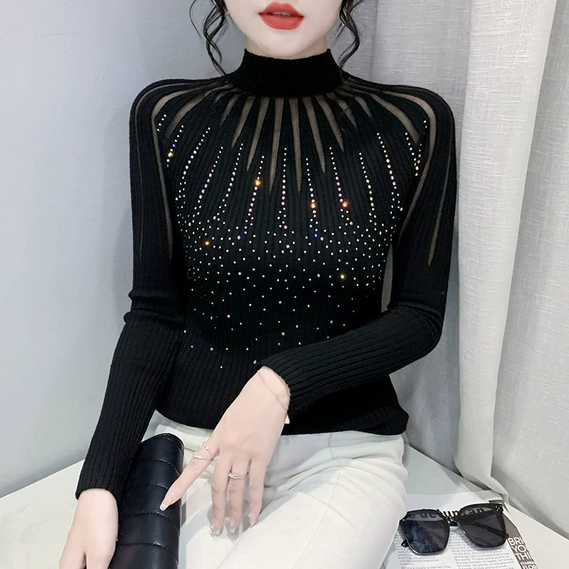 2023 осень-зима новый горячий свитер со стразами сетчатый свитер с длинным рукавом полый свитер тонкий нижний рубашка Топ