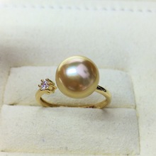 天然浓茶金色泽菲律宾南洋金珠戒指正圆镜面光无暇 18k金钻石镶嵌