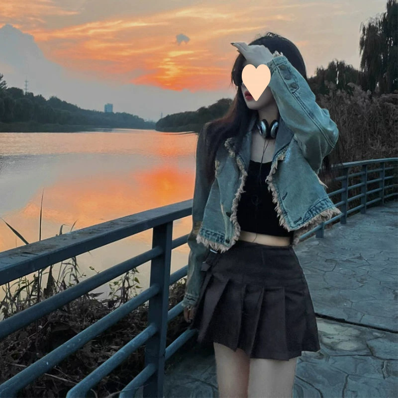 Джинсовка женская, американская ретро, короткая, с необработанным краем, выстиранная, весна 2025, новый стиль преппи, тренд