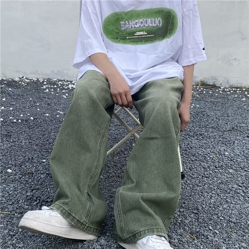 European and American High Street Washed Old Green Jeans Men's Spring and Autumn Fashion Brand Street hiphop Hip Hop Loose Wide Leg Pants