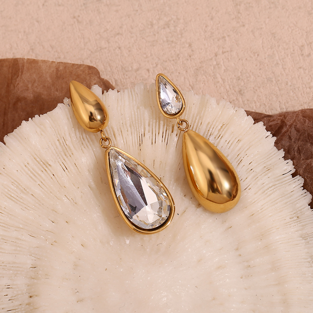 Gold Color Water Drop White Diamond Stainless Steel Earrings
