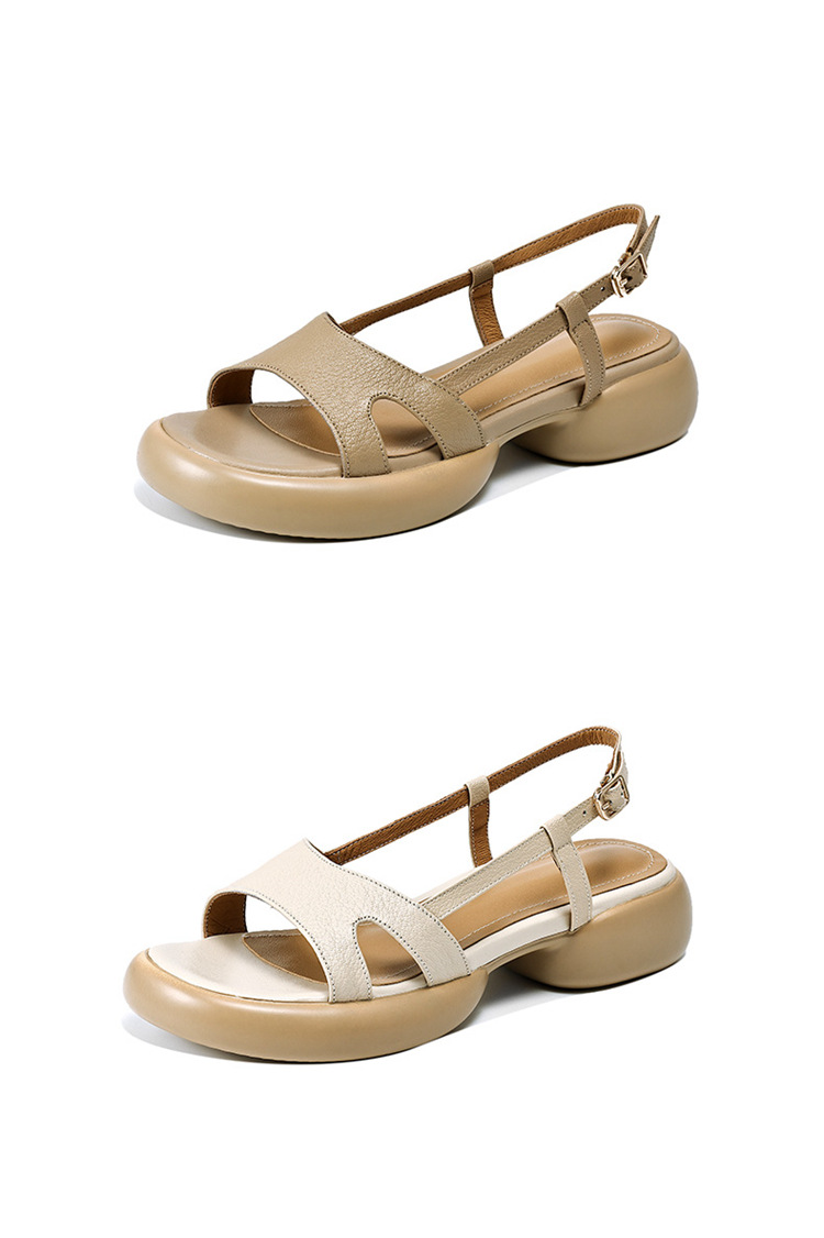 Sandal nữ da cừu hở ngón gót thô quai ngang đế dày phong cách La Mã — Màu trắng be chi tiết 18
