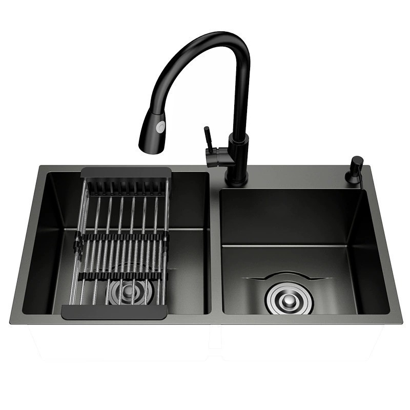 Fregadero de cocina de acero inoxidable 3.0mm doble cubeta soldado negro engrosado