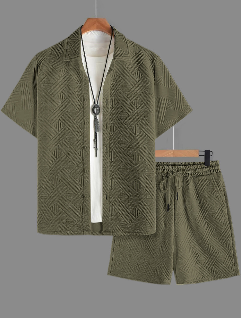 Nuevo comercio exterior transfronterizo nuevo hombre de verano Jacquard de color sólido con solapa Cardigan con solapa Casual camisa de manga corta set