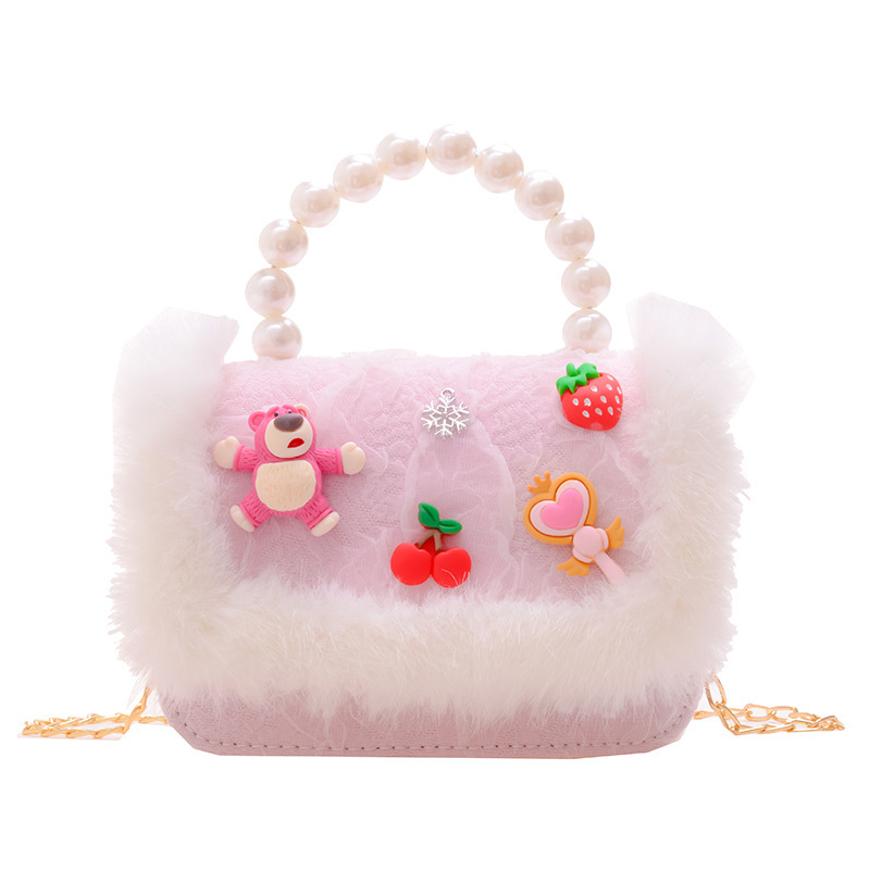Bolso de princesa de las niñas al por mayor estilo coreano perla bolso peludo estilo Chanel hombro mensajero bolsa accesorios monedero