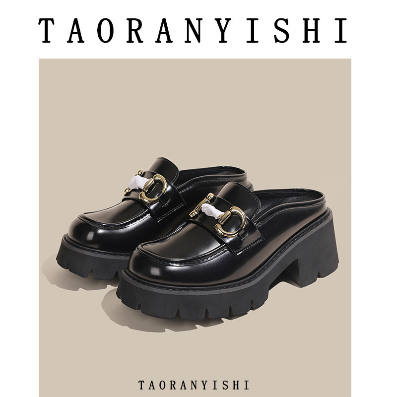 Women's Mule Slippers with Horsebit Buckle for Outdoor Wear, 2025 Summer Fashion, Chunky Heel, Thick-Soled Sandals, Closed-Toe Slip-On Mules