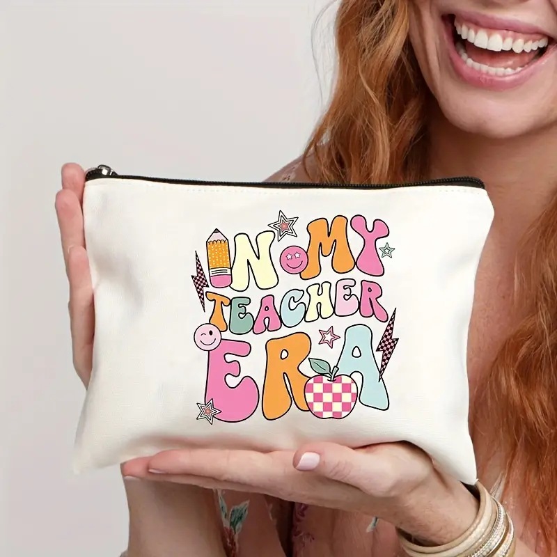 Bolsa de cosméticos Temu rosa con letras de lino, estampada por ambos lados, bolsa de almacenamiento multifuncional con cremallera para mujer, moderna y práctica.