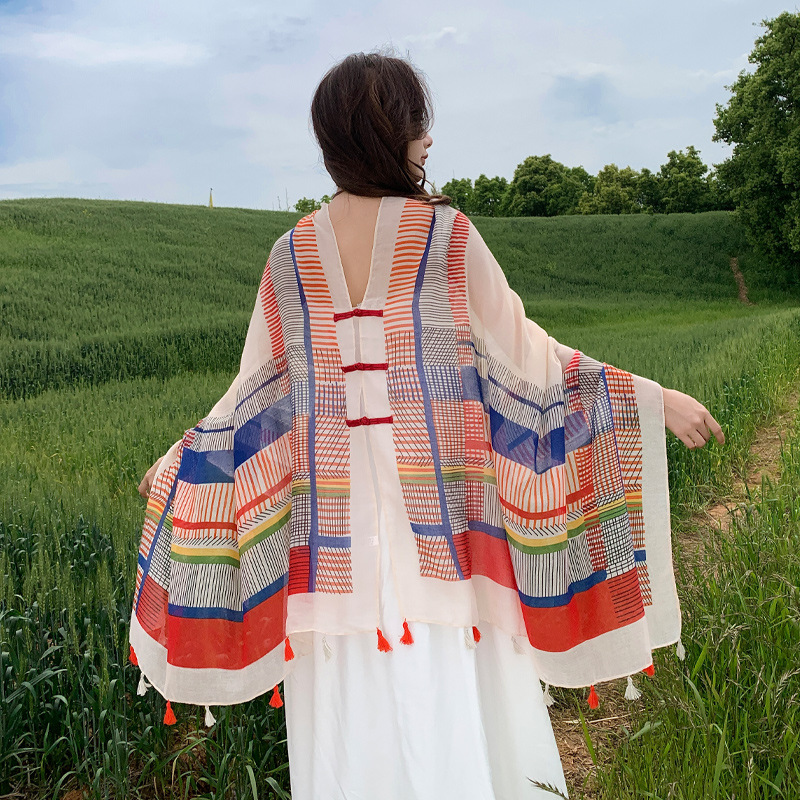 Chal de protección solar para mujer, hebilla de disco retro, fotografía de viaje de verano, capa de todo fósforo, procesamiento de bufanda delgada, fábrica personalizada