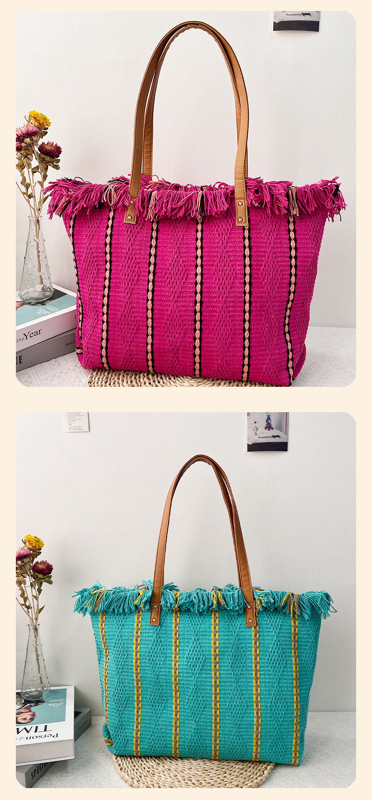675g Weight Tassel Fashion Element Zipper Closure Type Double Handle Strap Type Straw Bag Bags Type Daily, Street, Shopping Occasion Canvas Material Stripe Pattern 2025 Spring and Summer Season Women's Gender Elegant, Streetwear Style Square Shape Large Size Women's Large Canvas Stripe Elegant Streetwear Tassel Square Zipper Straw Bag