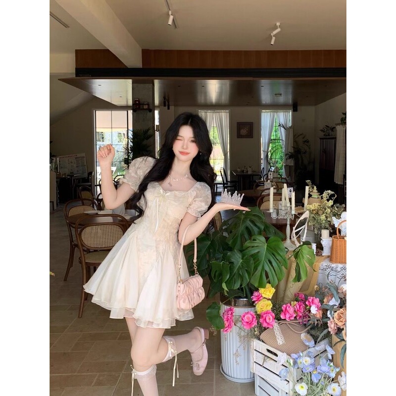 Blovelan White Tea and Wind Pure Desire White Moonlight Style Floral Puffy Mesh Patchwork Dress Princess Dress Blovelan White Tea and Wind Pure Desire White Moonlight Style Floral Puffy Mesh Patchwork Dress Princess Dress