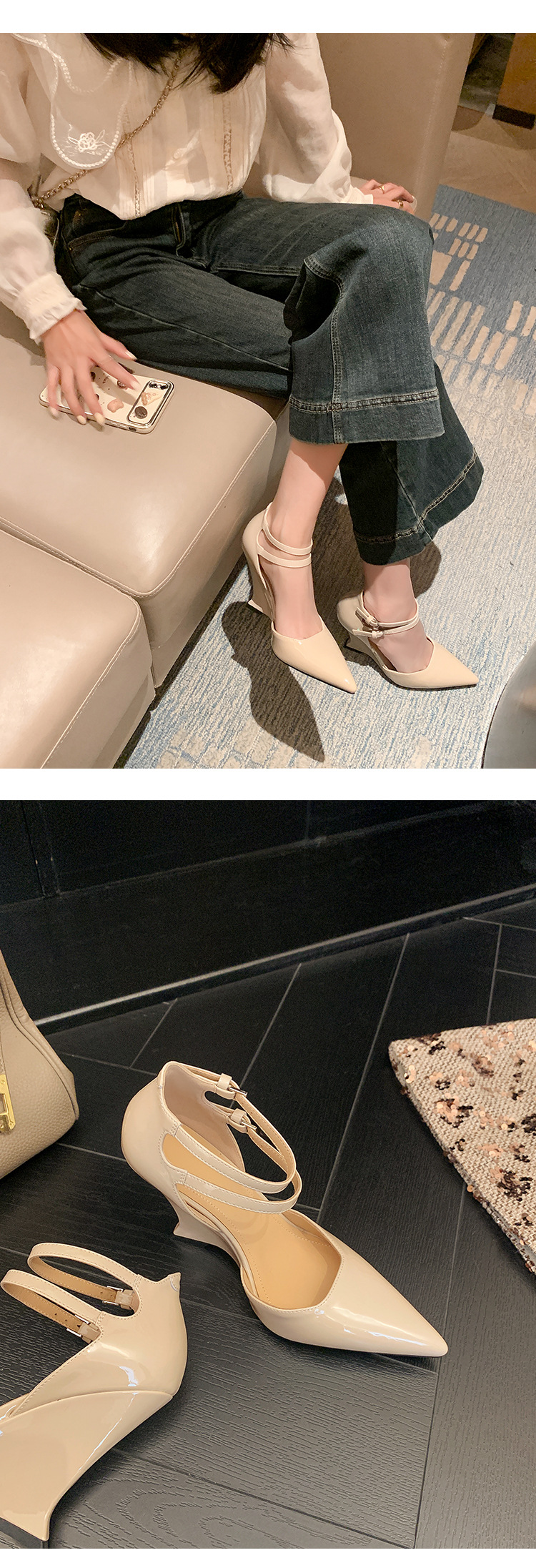 Giày cao gót nữ mũi nhọn Mary Jane đế xuồng platform da thật — màu đen, màu mơ, màu đỏ chi tiết 19