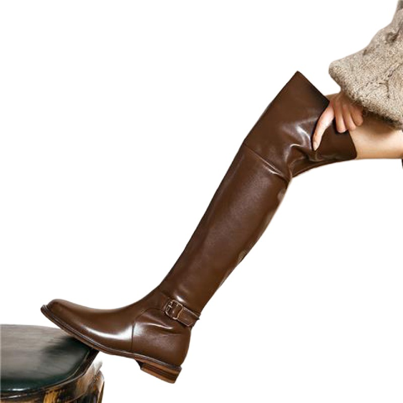 22 New Slim Leg Over Knee Long for Women Low Heel Flat Bottom Black High Barrel Autumn/Winter Single with Velvet Knight_voghion.com