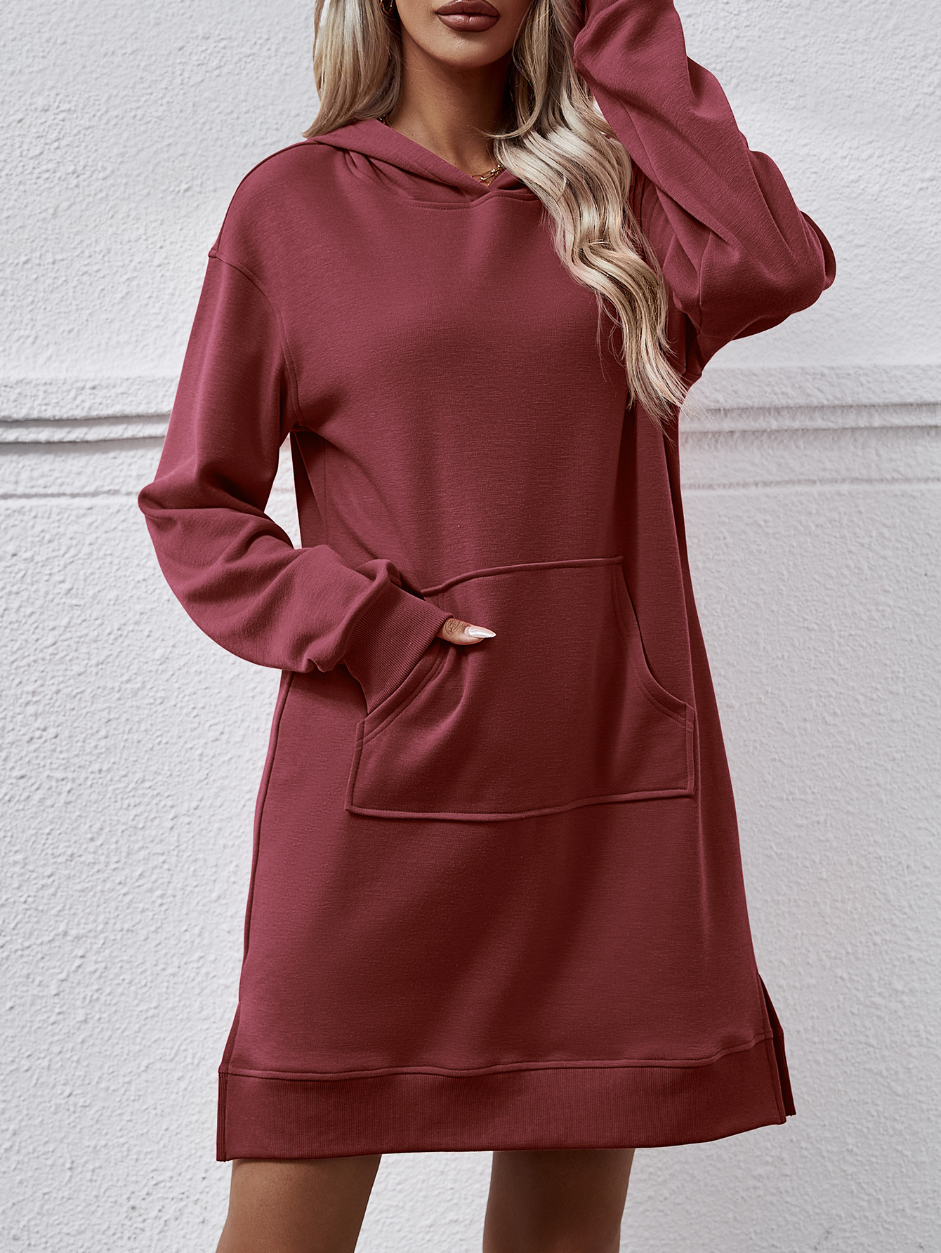 Autumn Winter Women Clothing Hooded Long Sleeve Kangaroo Pocket Split Long Sweater Dress