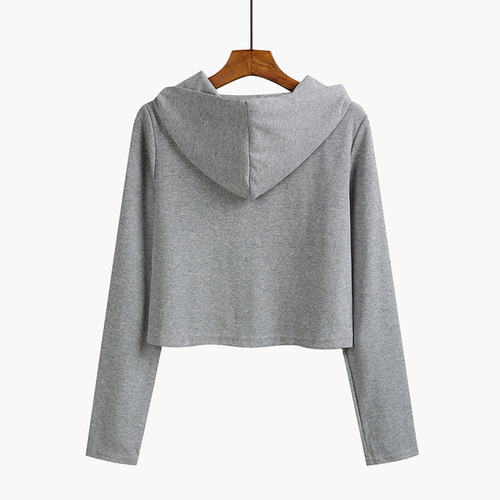 Women's Hooded Short-Sleeve Sweatshirt with Double-Zipper, Slim Fit, Discreet Color, Korean Style, Hooded Open Jacket, Fashionable and Stylish