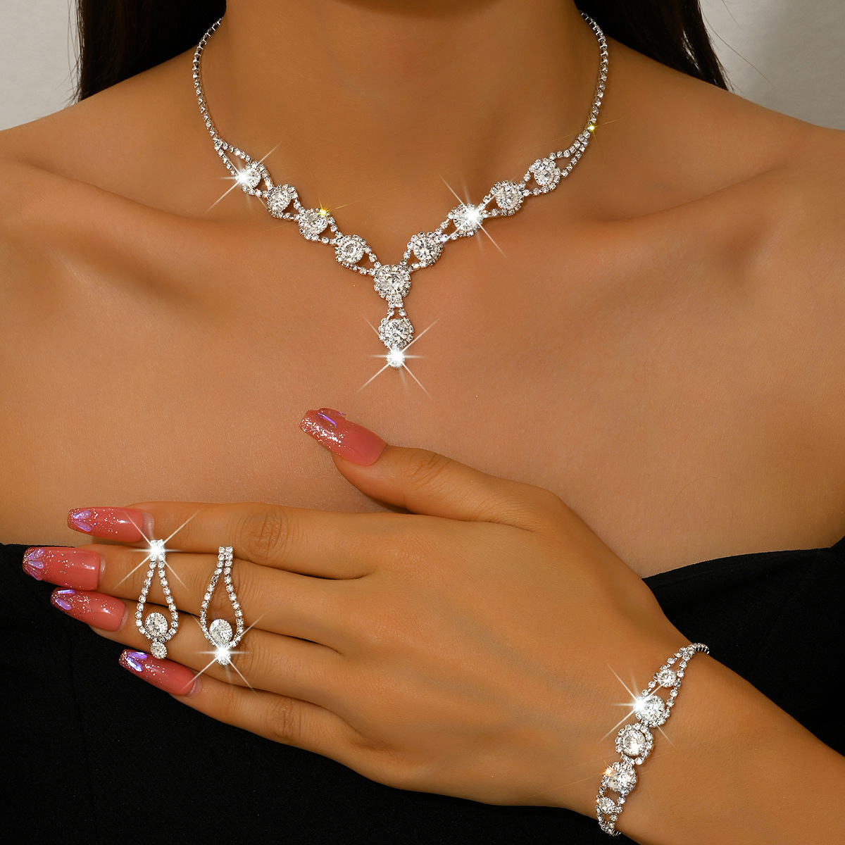 Conjunto de joyería de novia de lujo collar pendientes y pulsera_voghion.com