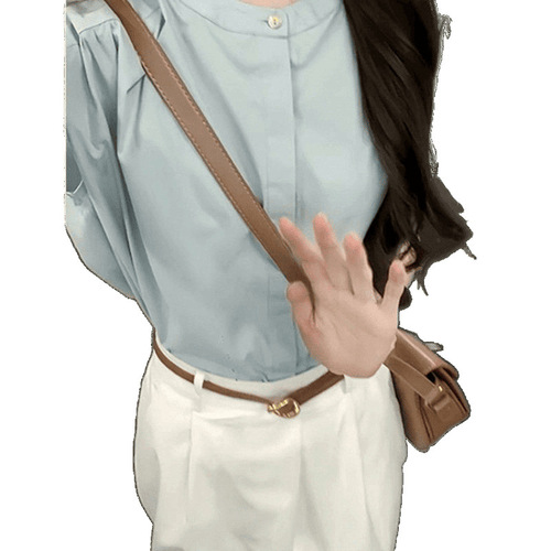 Summer shirt, age-reducing fashion, new temperament blue top, French casual high waist skirt, two-piece set