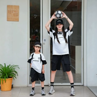 一起玩亲子装夏季新款潮酷运动拼色短袖T恤男女童休闲宽松青少年T