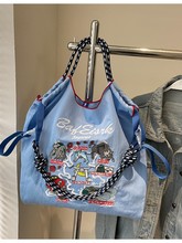 高圆圆同款日系时尚星座刺绣配色购物袋大容量通勤托特包单肩女包