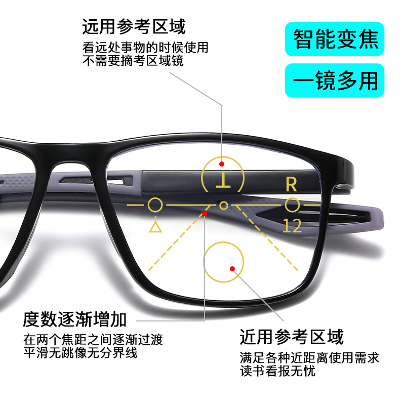Zoom automático progresivo multifocal de doble uso de gafas de edad media y vieja transfronterizas TR90 gafas de edad anti-luz azul