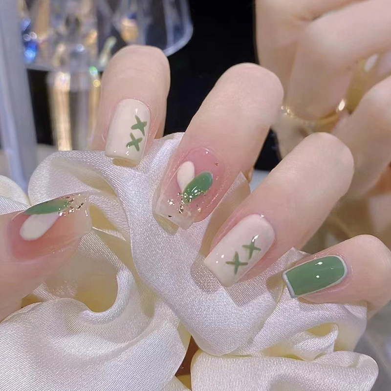 Fresh Green Love Strap Wear Nail Pieces Medium Long Ballet Nail Art Patch Sweet Cool Style Lightweight Fake Nail Patch