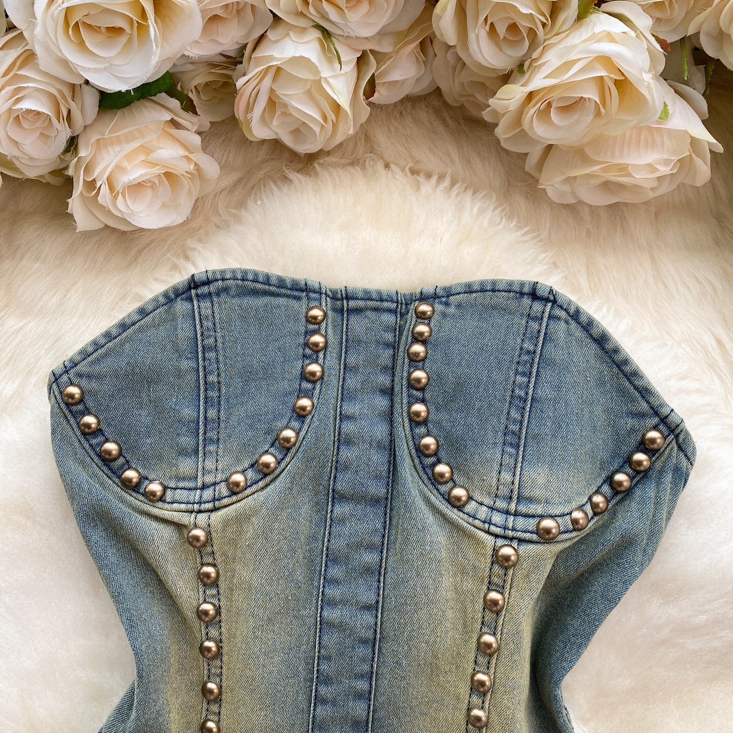 Women's Slimming Beaded Denim Suit Sexy Strapless Top High Waist Slightly Flared Length Retro American Two-Piece Outfit_ecoleips.com