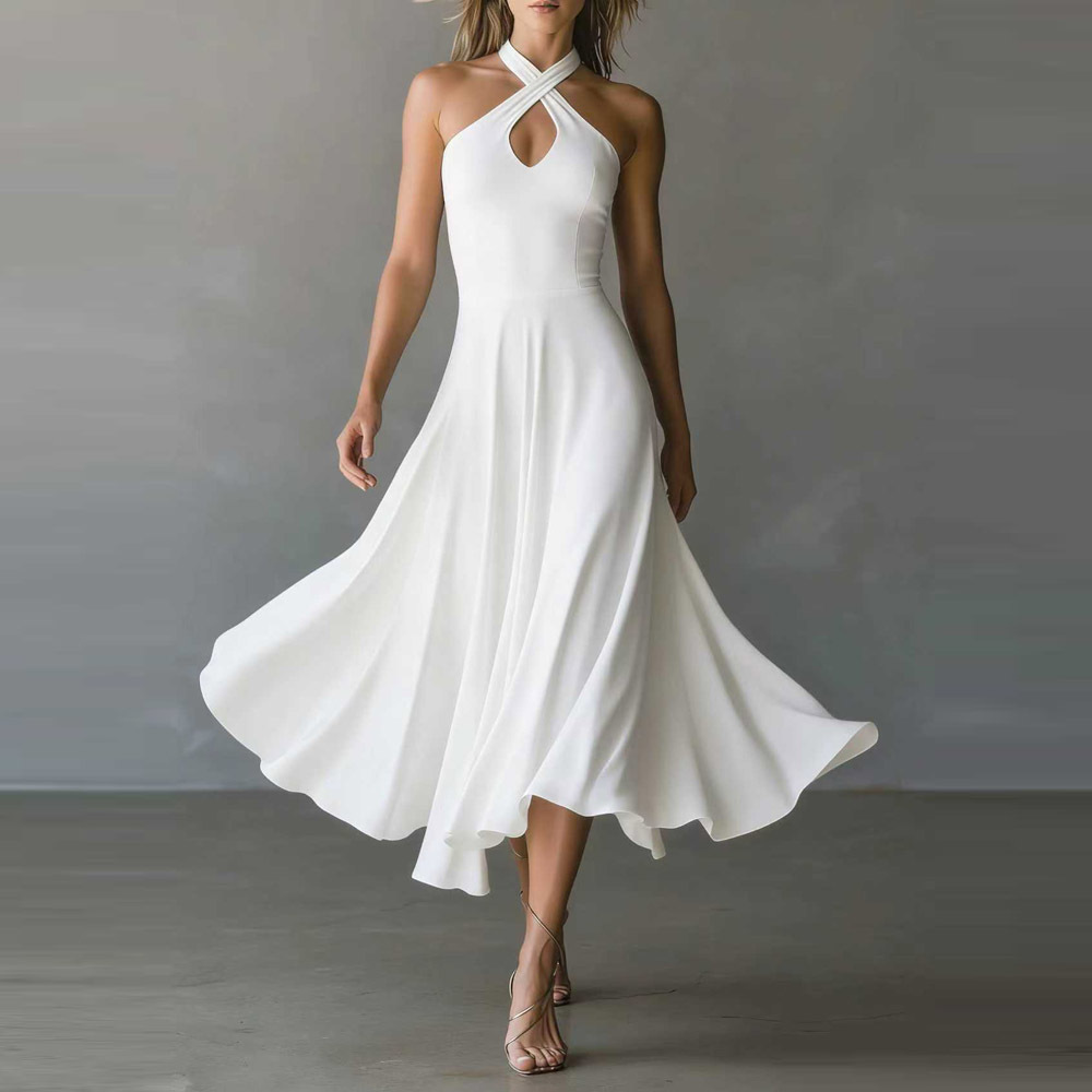 Women's Clothing Women's Retro Elegant Black Long Dress Keyhole Backless Halter Neck A Line For Formal & Casual For Women_ecoleips.com