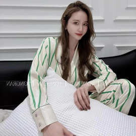 冰丝睡衣女夏季长袖大码开衫套装网红直播款法式双排扣家居服春秋