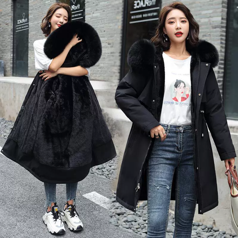 Winter long down jacket with down, warm brace, mid-length, plus size