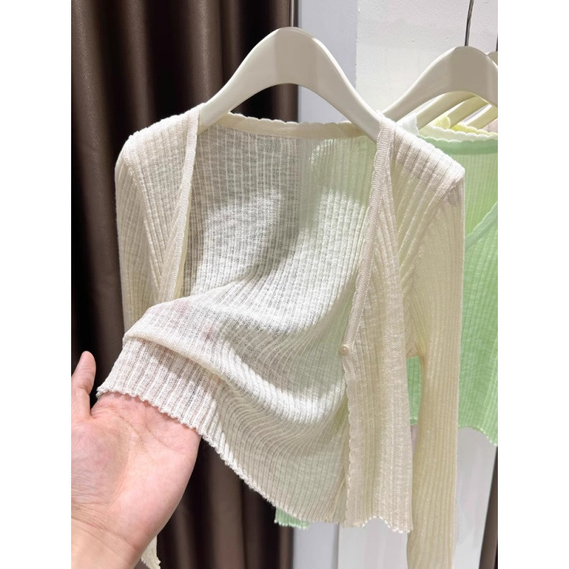 女性用の青い薄いニットアイスシルクカーディガン、夏のサスペンダースカート、空調シャツ、日焼け止めショールトップ、女性用ブラウス|undefined