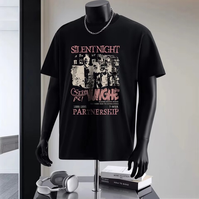 【Cross-Border European Size】Vintage Hong Kong Style Rock Fashion Printed Heavyweight Cotton Short-Sleeve Men's T-Shirt Wide Fit