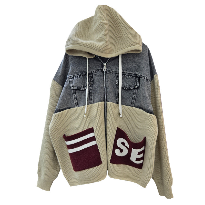 Capuzed empalme letras denim tejo 2025 otoño y invierno nuevo suéter de diseño de viento relajado sensación abrigo de moda