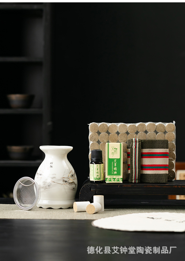 Ceramic Moxibustion Jar Lotus Rim Gua Sha Cup Portable Moxa Warmer with Ash Net and Cloth Cover preparation