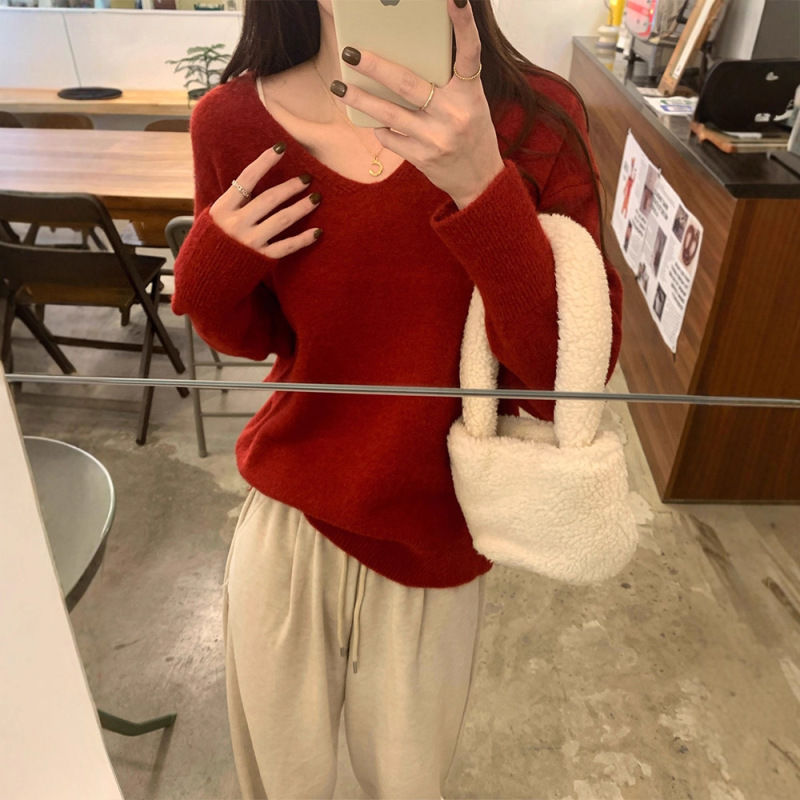简约v领针织衫女秋冬新款ins基础款宽松内搭上衣休闲百搭打底毛衣|undefined